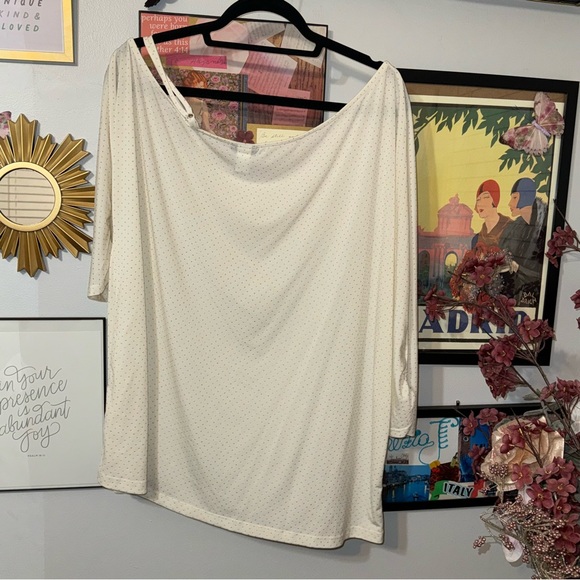 Ivory w/ Gold Polka Dot SS One Shoulder Top / Blouse Women's Size 2 - Picture 3 of 8